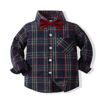 Load image into Gallery viewer, 2 Pieces Set Baby Kid Boys Birthday Party Checked Bow Shirts And Solid Color Jumpsuits Wholesale 221216196

