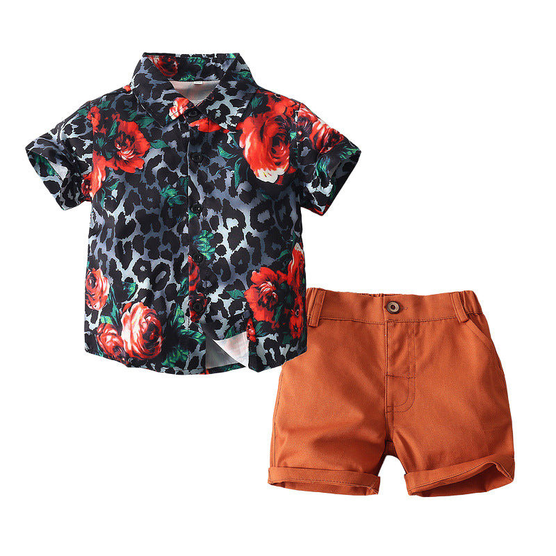 2 Pieces Set Baby Kid Boys Flower Leopard Print Shirts And Solid Color Shorts Wholesale 221216197