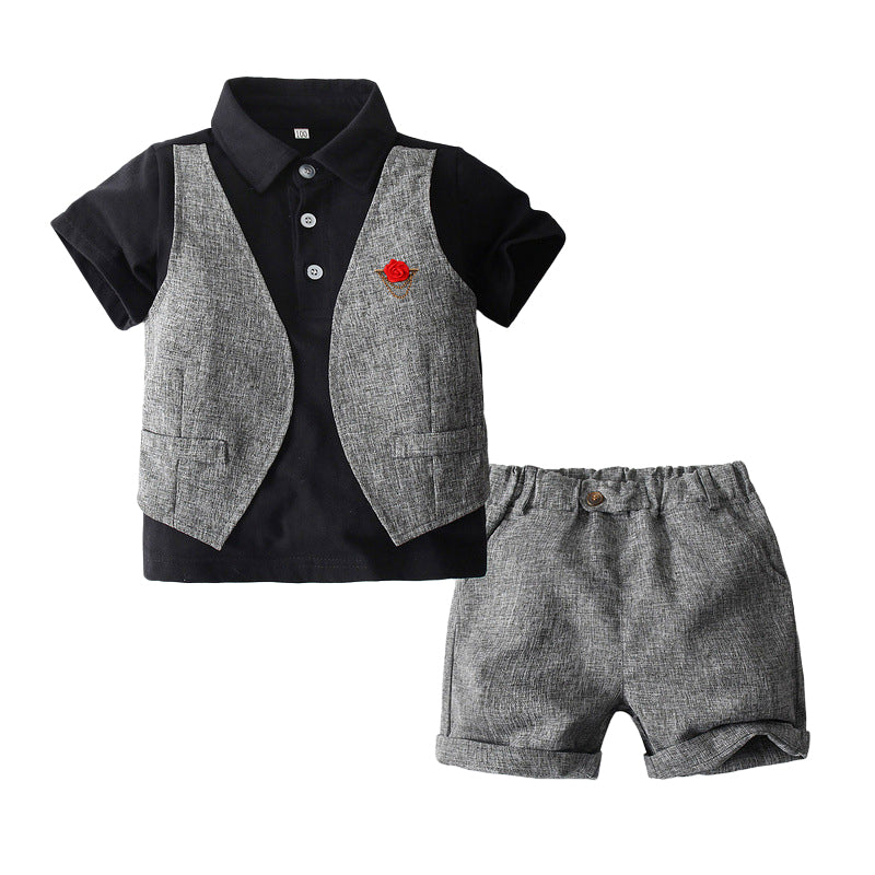 2 Pieces Set Baby Kid Boys Birthday Color-blocking Flower Tops And Solid Color Shorts Wholesale 221216202