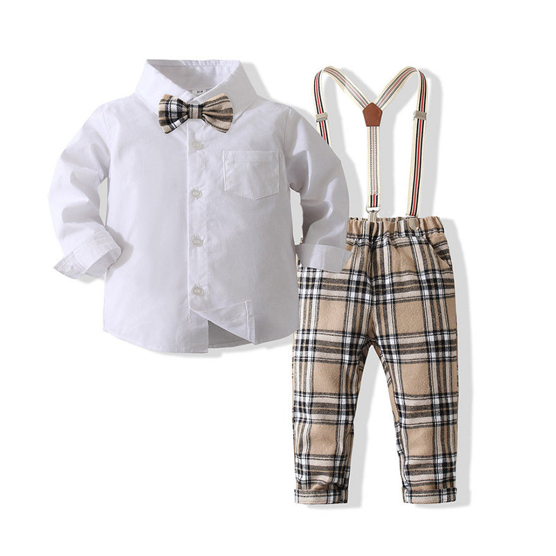 2 Pieces Set Baby Kid Boys Birthday Party Bow Shirts And Checked Jumpsuits Wholesale 221216210