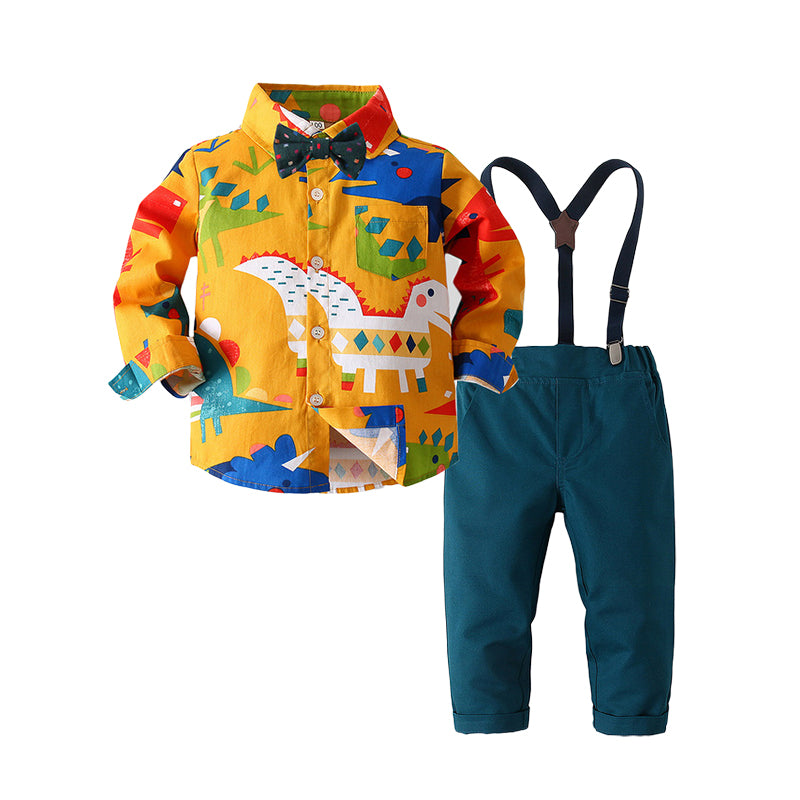 2 Pieces Set Baby Kid Boys Dinosaur Print Shirts And Solid Color Jumpsuits Wholesale 221216215