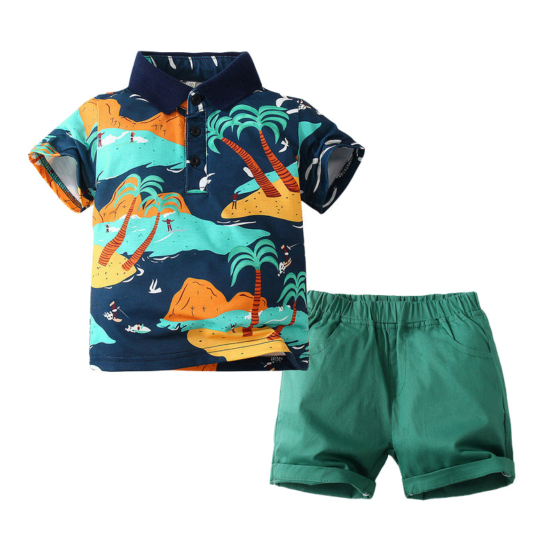 2 Pieces Set Baby Kid Boys Beach Plant Print Polo Shirts And Solid Color Shorts Wholesale 221216224