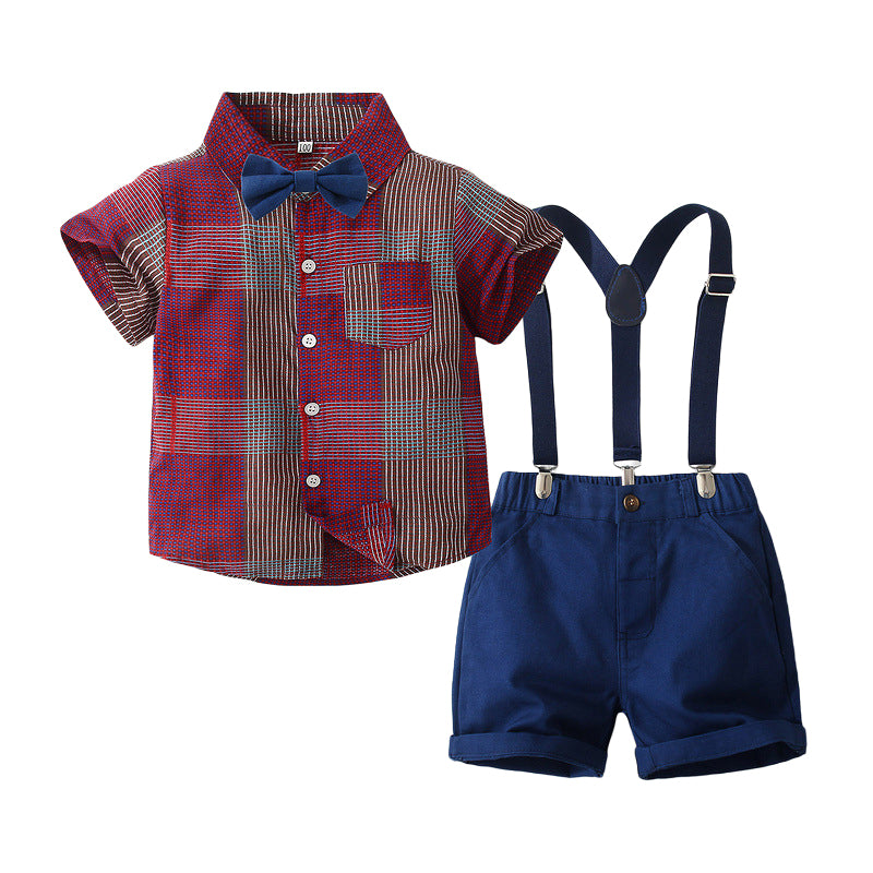 2 Pieces Set Baby Kid Boys Birthday Party Checked Bow Shirts And Solid Color Rompers Wholesale 221216225