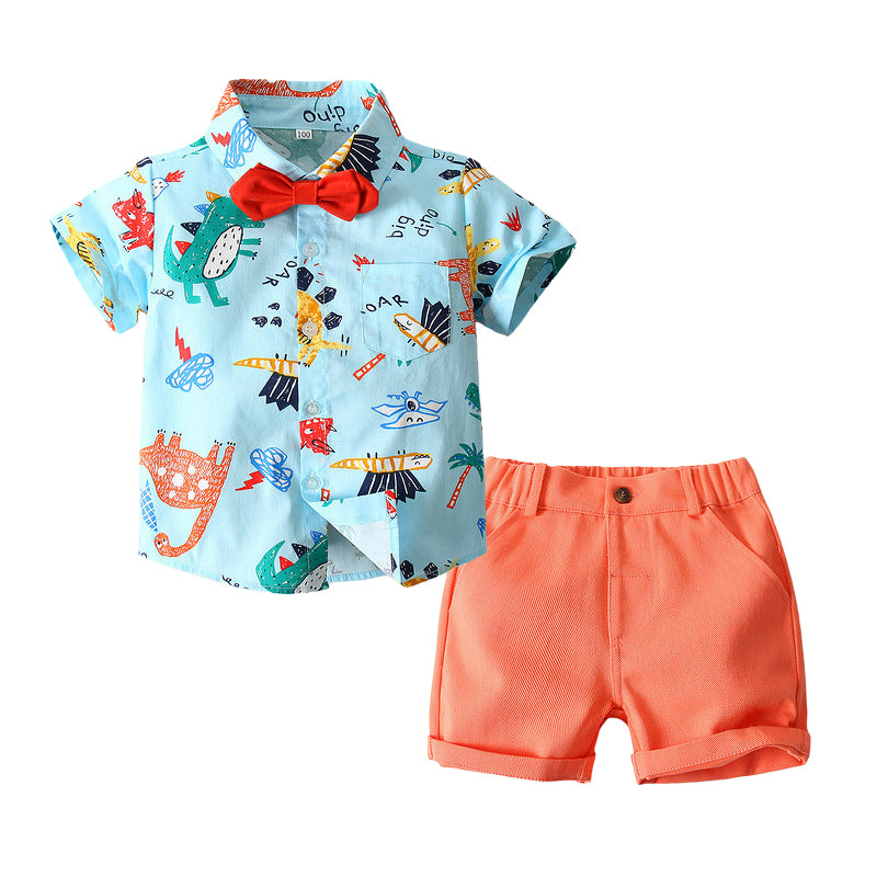 2 Pieces Set Baby Kid Boys Birthday Party Dinosaur Bow Print Shirts And Solid Color Shorts Wholesale 221216227