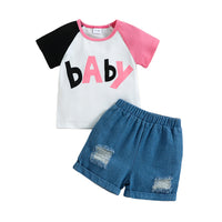 Load image into Gallery viewer, 2 Pieces Set Baby Kid Girls Letters T-Shirts And Ripped Shorts Wholesale 221216239
