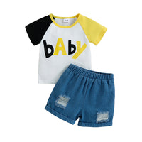 Load image into Gallery viewer, 2 Pieces Set Baby Kid Girls Letters T-Shirts And Ripped Shorts Wholesale 221216239
