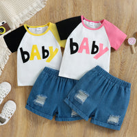 Load image into Gallery viewer, 2 Pieces Set Baby Kid Girls Letters T-Shirts And Ripped Shorts Wholesale 221216239
