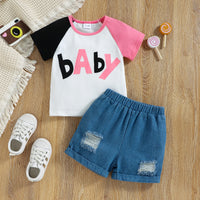 Load image into Gallery viewer, 2 Pieces Set Baby Kid Girls Letters T-Shirts And Ripped Shorts Wholesale 221216239
