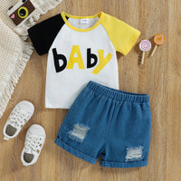 Load image into Gallery viewer, 2 Pieces Set Baby Kid Girls Letters T-Shirts And Ripped Shorts Wholesale 221216239
