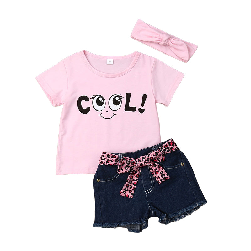 2 Pieces Set Baby Kid Girls Letters Expression Print T-Shirts And Leopard Ribbon Shorts Wholesale 22121624