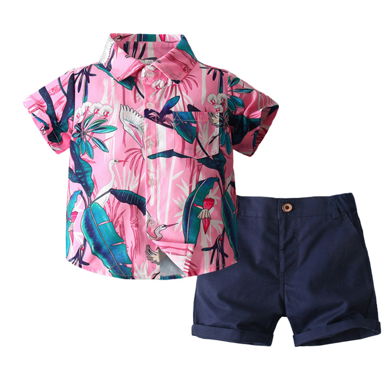 2 Pieces Set Baby Kid Boys Tropical Shirts And Solid Color Shorts Wholesale 221216259