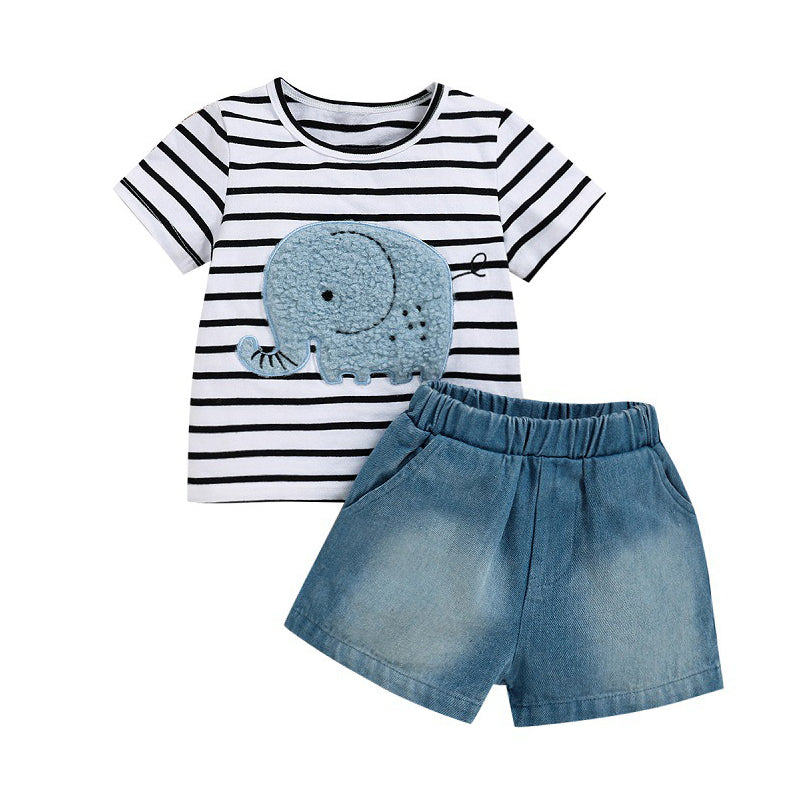 2 Pieces Set Baby Kid Girls Striped Cartoon Print T-Shirts And Solid Color Shorts Wholesale 221216261