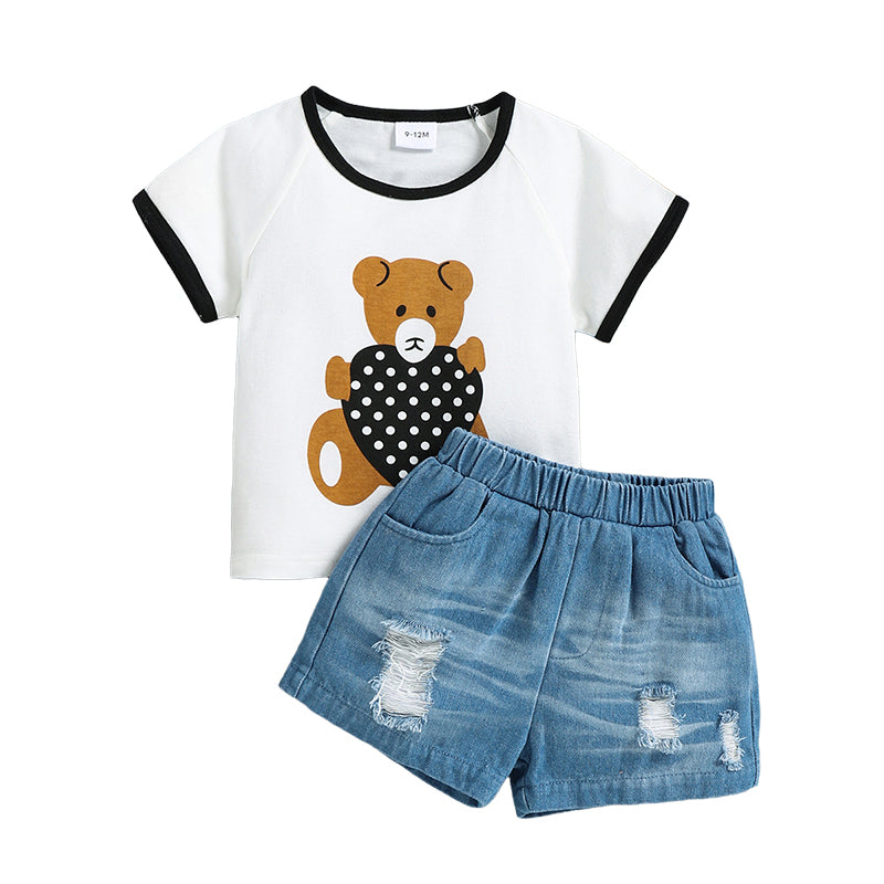 2 Pieces Set Baby Kid Girls Cartoon Print T-Shirts And Ripped Shorts Wholesale 221216262