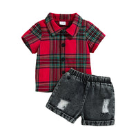 Load image into Gallery viewer, 2 Pieces Set Baby Kid Boys Checked Shirts And Solid Color Ripped Shorts Wholesale 221216273
