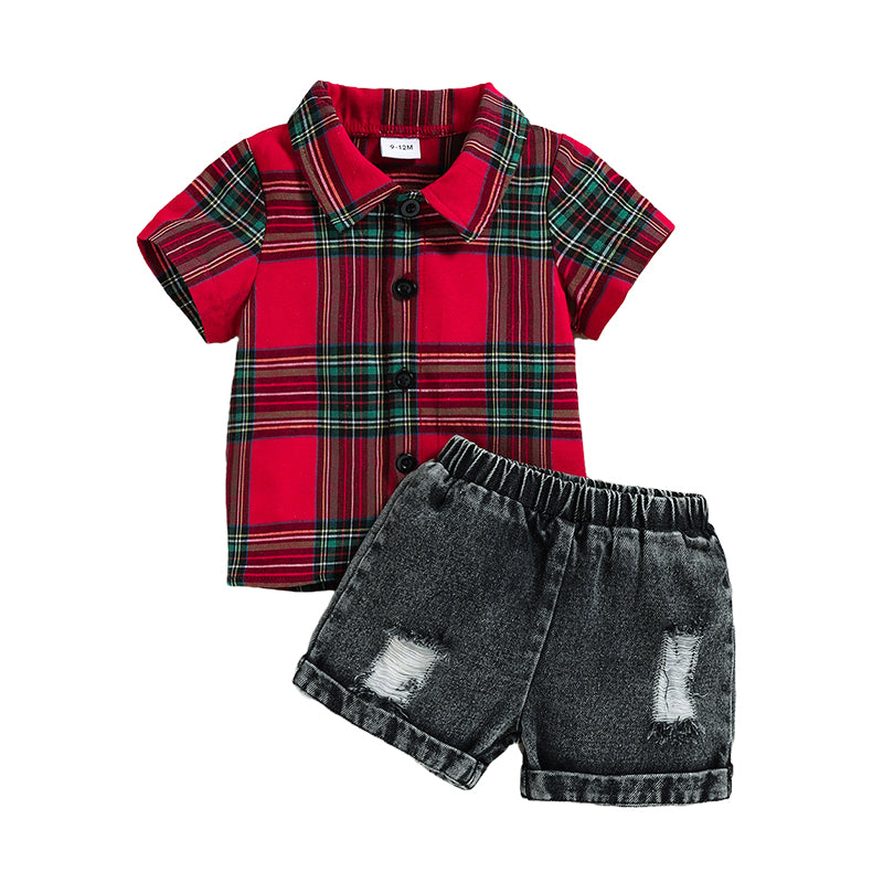 2 Pieces Set Baby Kid Boys Checked Shirts And Solid Color Ripped Shorts Wholesale 221216273