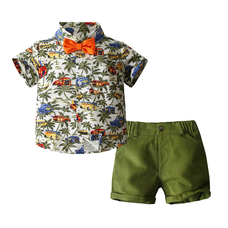 2 Pieces Set Baby Kid Boys Beach Tropical Car Plant Bow Shirts And Solid Color Shorts Wholesale 221216275