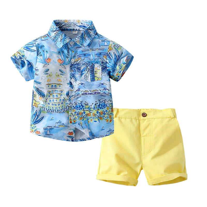 2 Pieces Set Baby Kid Boys Print Shirts And Solid Color Shorts Wholesale 221216285