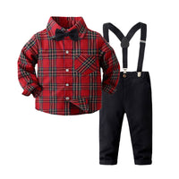 Load image into Gallery viewer, 2 Pieces Set Baby Kid Boys Birthday Party Checked Bow Shirts And Solid Color Jumpsuits Wholesale 221216292
