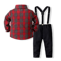 Load image into Gallery viewer, 2 Pieces Set Baby Kid Boys Birthday Party Checked Bow Shirts And Solid Color Jumpsuits Wholesale 221216292
