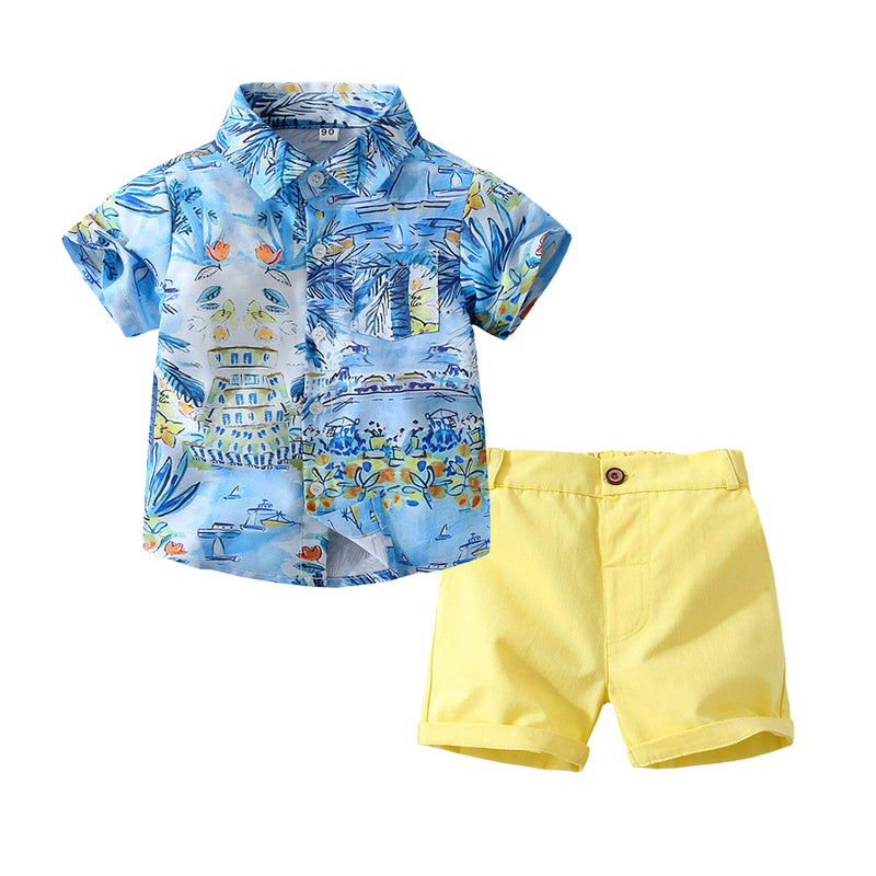 2 Pieces Set Baby Kid Boys Print Shirts And Solid Color Shorts Wholesale 221216308