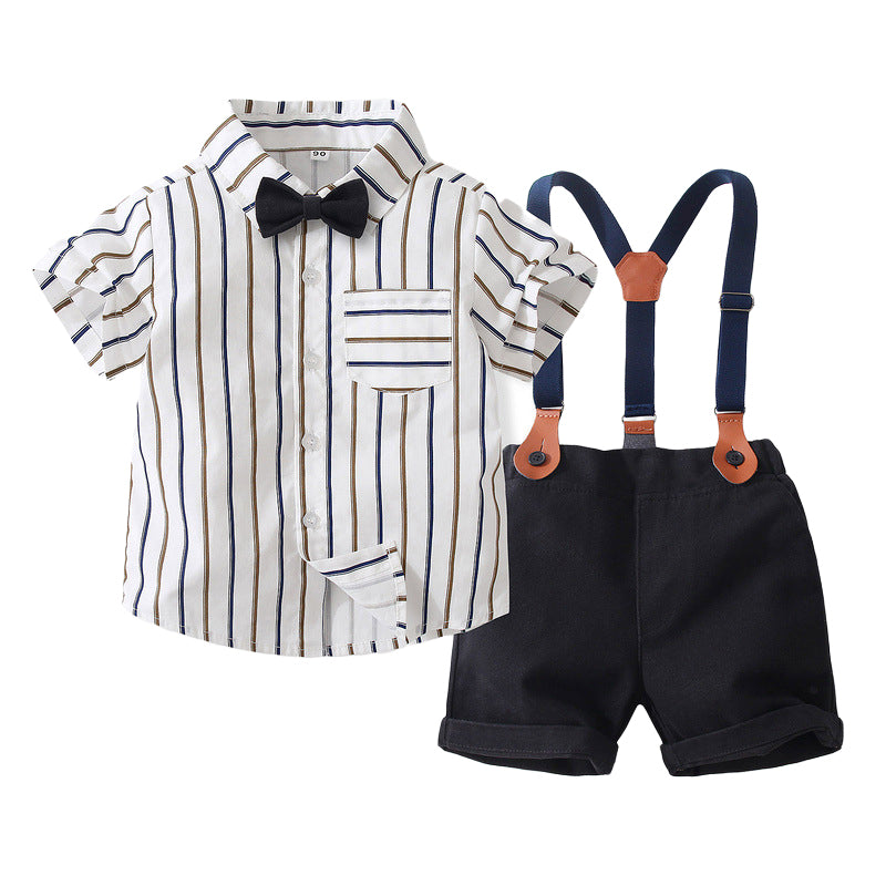 2 Pieces Set Baby Kid Boys Birthday Party Striped Bow Shirts And Solid Color Rompers Wholesale 221216309