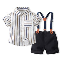 Load image into Gallery viewer, 2 Pieces Set Baby Kid Boys Birthday Party Striped Bow Shirts And Solid Color Rompers Wholesale 221216309
