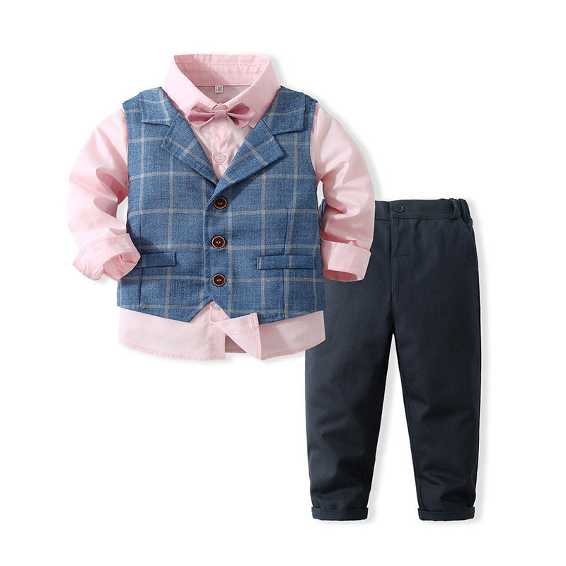 3 Pieces Set Baby Kid Boys Birthday Party Solid Color Bow Shirts Checked Vests Waistcoats And Pants Wholesale 221216325