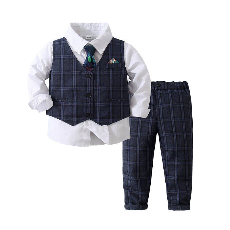 3 Pieces Set Baby Kid Boys Dressy Birthday Party Solid Color Bow Shirts Checked Vests Waistcoats And Pants Wholesale 221216335