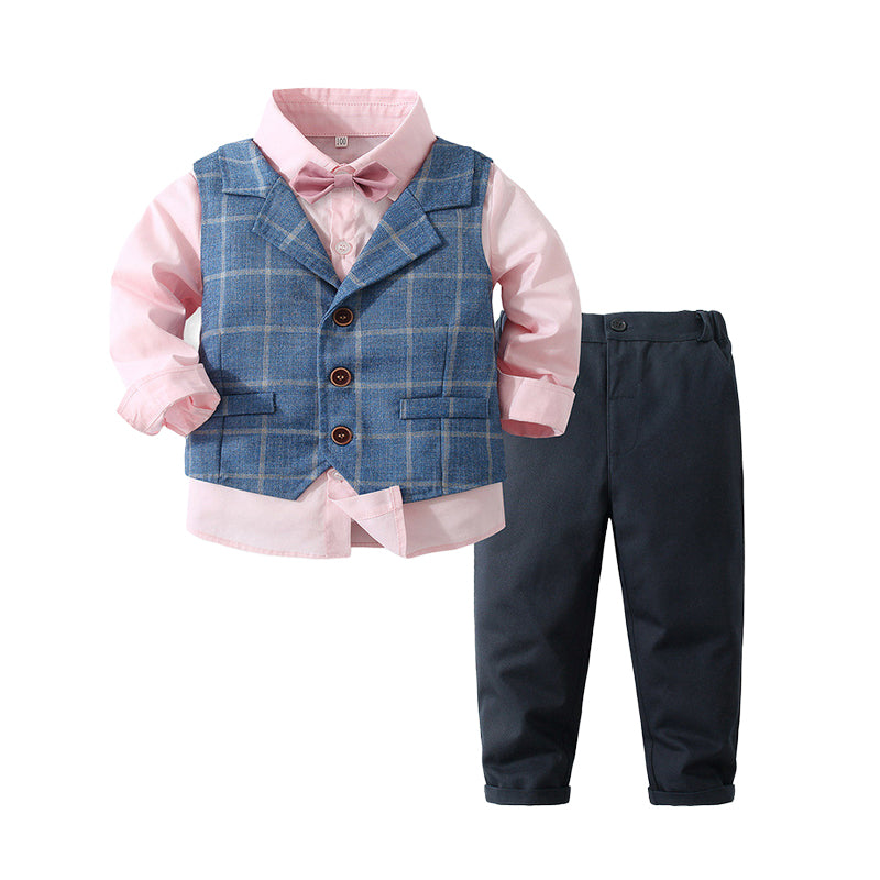 3 Pieces Set Baby Kid Boys Dressy Birthday Party Solid Color Bow Shirts Checked Vests Waistcoats And Pants Wholesale 221216336