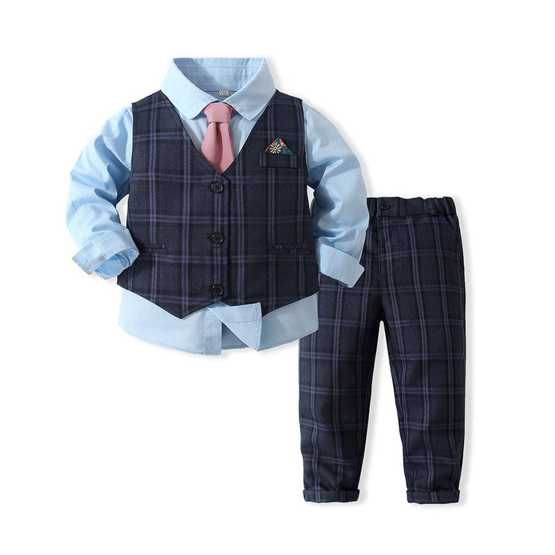 3 Pieces Set Baby Kid Boys Dressy Birthday Party Solid Color Bow Shirts Checked Vests Waistcoats And Pants Wholesale 221216337