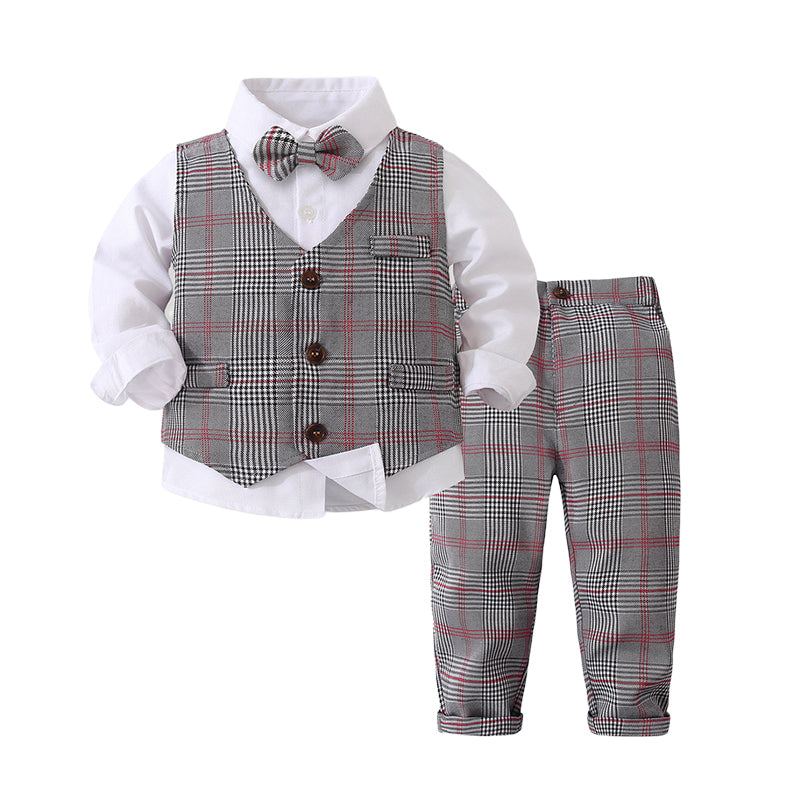 3 Pieces Set Baby Kid Boys Birthday Party Solid Color Bow Shirts Checked Vests Waistcoats And Pants Wholesale 221216375