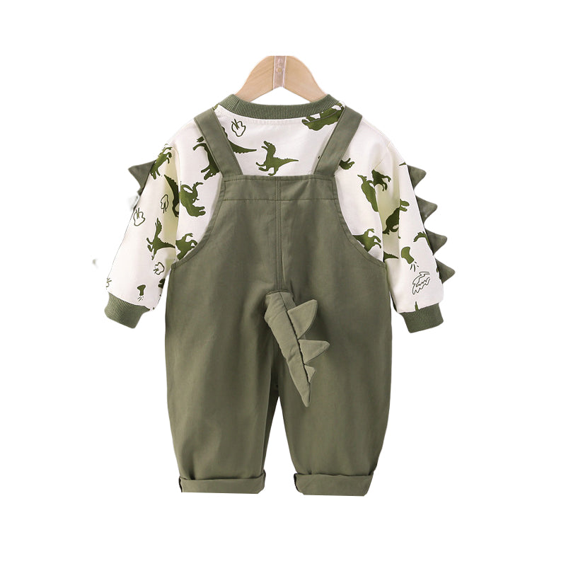 2 Pieces Set Baby Kid Boys Dinosaur Cartoon Print Tops And Solid Color Jumpsuits Wholesale 221216387