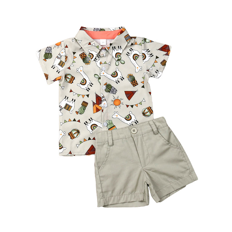 2 Pieces Set Baby Kid Boys Cartoon Print Shirts And Solid Color Shorts Wholesale 22121639
