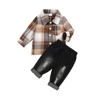 Load image into Gallery viewer, 2 Pieces Set Baby Boys Checked Shirts And Ripped Jeans Wholesale 221216395
