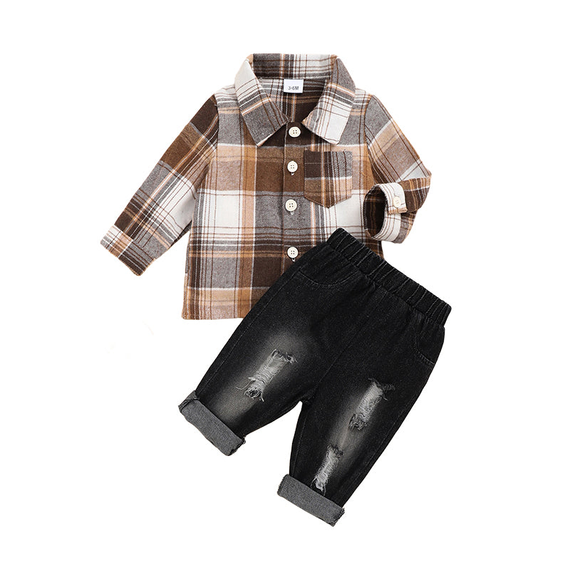 2 Pieces Set Baby Boys Checked Shirts And Ripped Jeans Wholesale 221216395