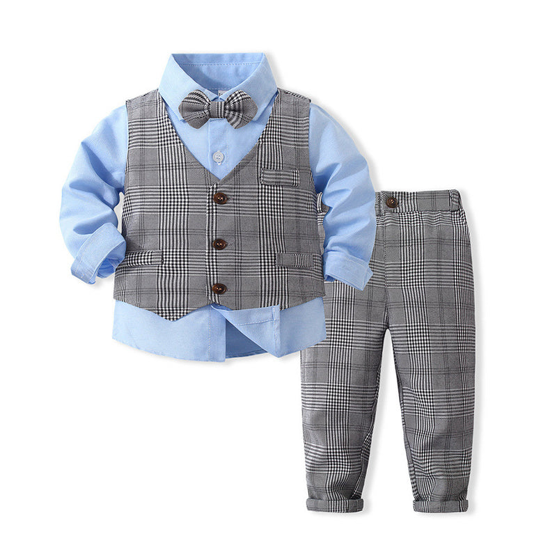 3 Pieces Set Baby Kid Boys Birthday Party Bow Shirts And Checked Vests Waistcoats And Pants Wholesale 221216398