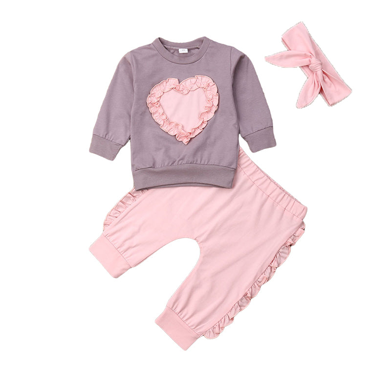 3 Pieces Set Baby Kid Girls Love heart Tops Solid Color Pants And Bow Headwear Wholesale 22121640