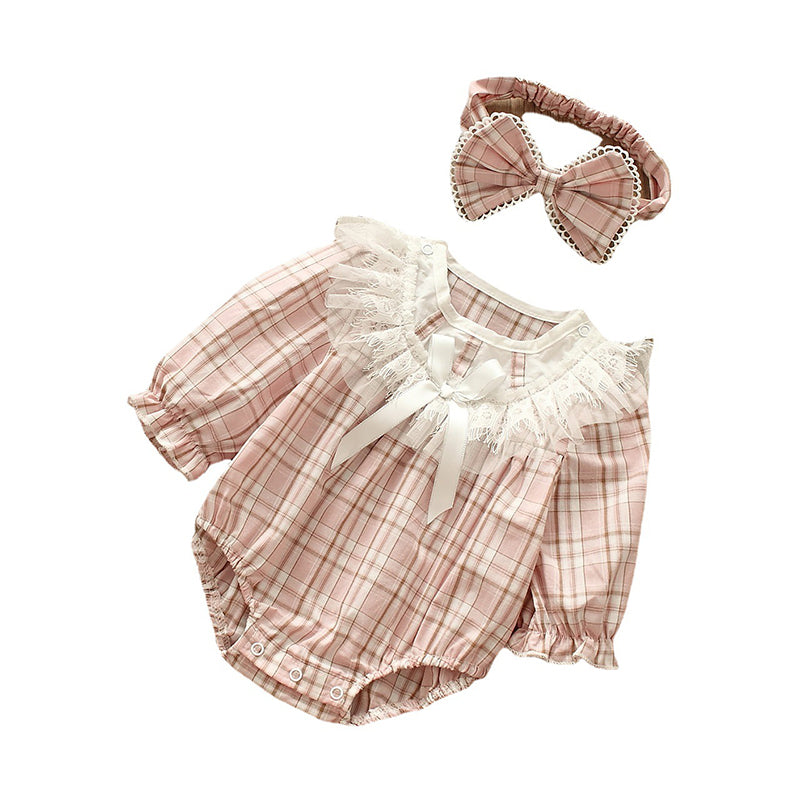 Baby Girls Checked Bow Lace Rompers Accessories Headwear Wholesale 221216414