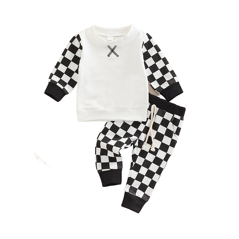 2 Pieces Set Baby Kid Unisex Checked Hoodies Swearshirts And Ribbon Pants Wholesale 221216429