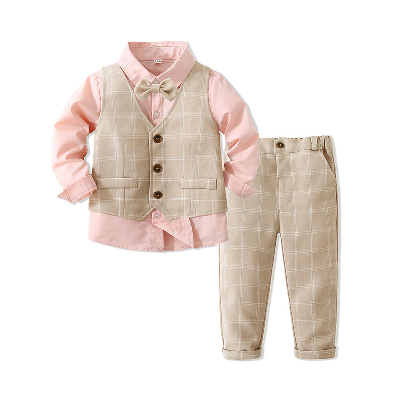 3 Pieces Set Baby Kid Boys Birthday Solid Color Bow Shirts Checked Vests Waistcoats And Pants Wholesale 221216435