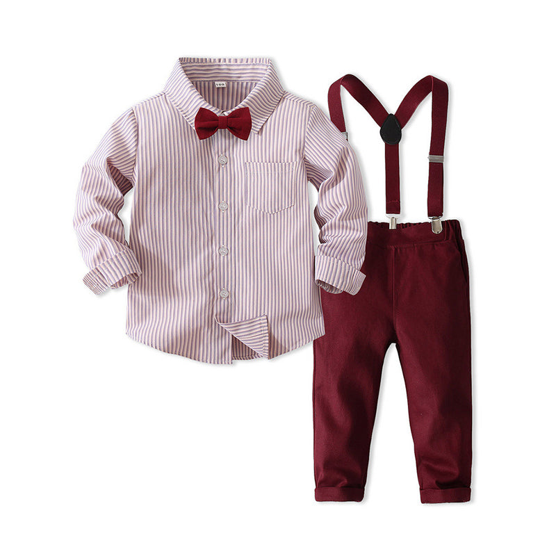 2 Pieces Set Baby Kid Boys Birthday Party Striped Bow Shirts And Solid Color Jumpsuits Wholesale 221216437