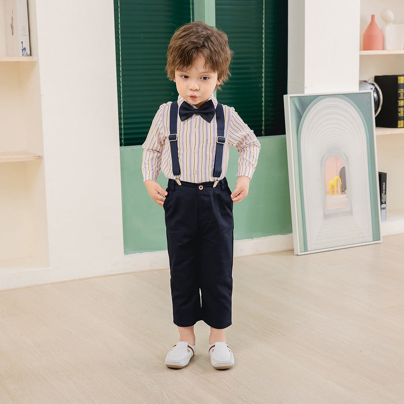 2 Pieces Set Baby Kid Boys Birthday Party Striped Bow Shirts And Solid Color Jumpsuits Wholesale 221216440
