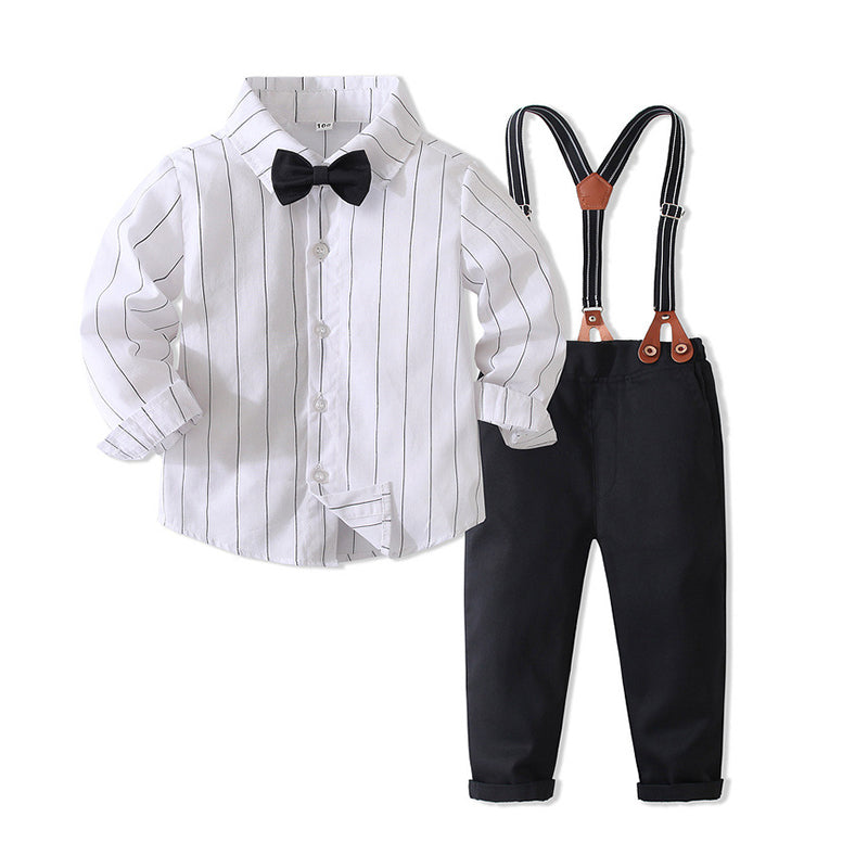 2 Pieces Set Baby Kid Boys Birthday Party Striped Bow Shirts And Solid Color Jumpsuits Wholesale 221216441