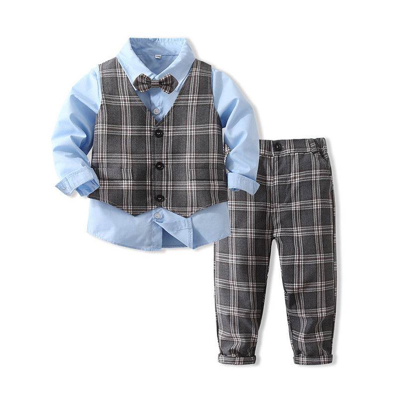 3 Pieces Set Baby Kid Boys Birthday Party Solid Color Bow Shirts Checked Vests Waistcoats And Pants Wholesale 221216442