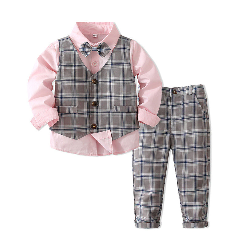 3 Pieces Set Baby Kid Boys Birthday Party Solid Color Bow Shirts Checked Vests Waistcoats And Pants Wholesale 221216445