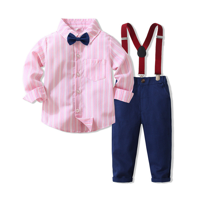 2 Pieces Set Baby Kid Boys Birthday Party Striped Bow Shirts And Solid Color Jumpsuits Wholesale 221216446