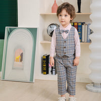 Load image into Gallery viewer, 3 Pieces Set Baby Kid Boys Birthday Party Solid Color Bow Shirts Checked Vests Waistcoats And Pants Wholesale 221216445
