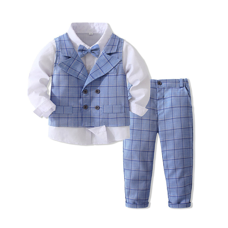 3 Pieces Set Baby Kid Boys Birthday Party Solid Color Bow Shirts Checked Vests Waistcoats And Pants Wholesale 221216456