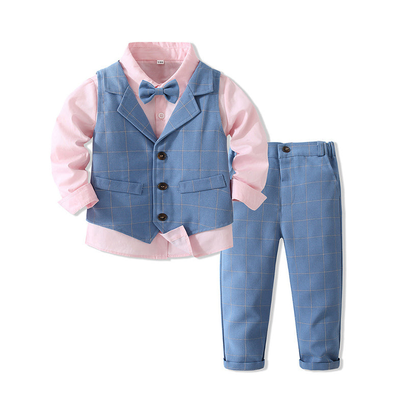 3 Pieces Set Baby Kid Boys Birthday Party Bow Shirts Checked Vests Waistcoats And Pants Wholesale 221216457