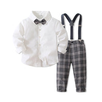Load image into Gallery viewer, 2 Pieces Set Baby Kid Boys Dressy Birthday Party Solid Color Bow Shirts And Checked Jumpsuits Wholesale 221216466
